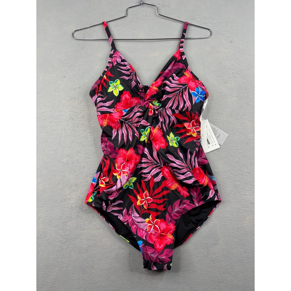 Grace Karin Tropical Floral Twist Front One Piece Swimsuit Black Pink Hibiscus